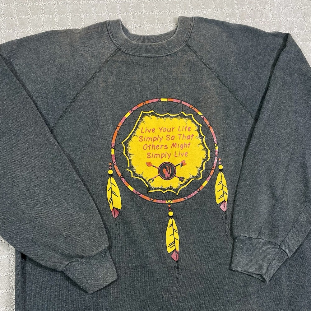 Vintage Native American Dream Catcher Sweatshirt Large Gray Yellow Made In USA